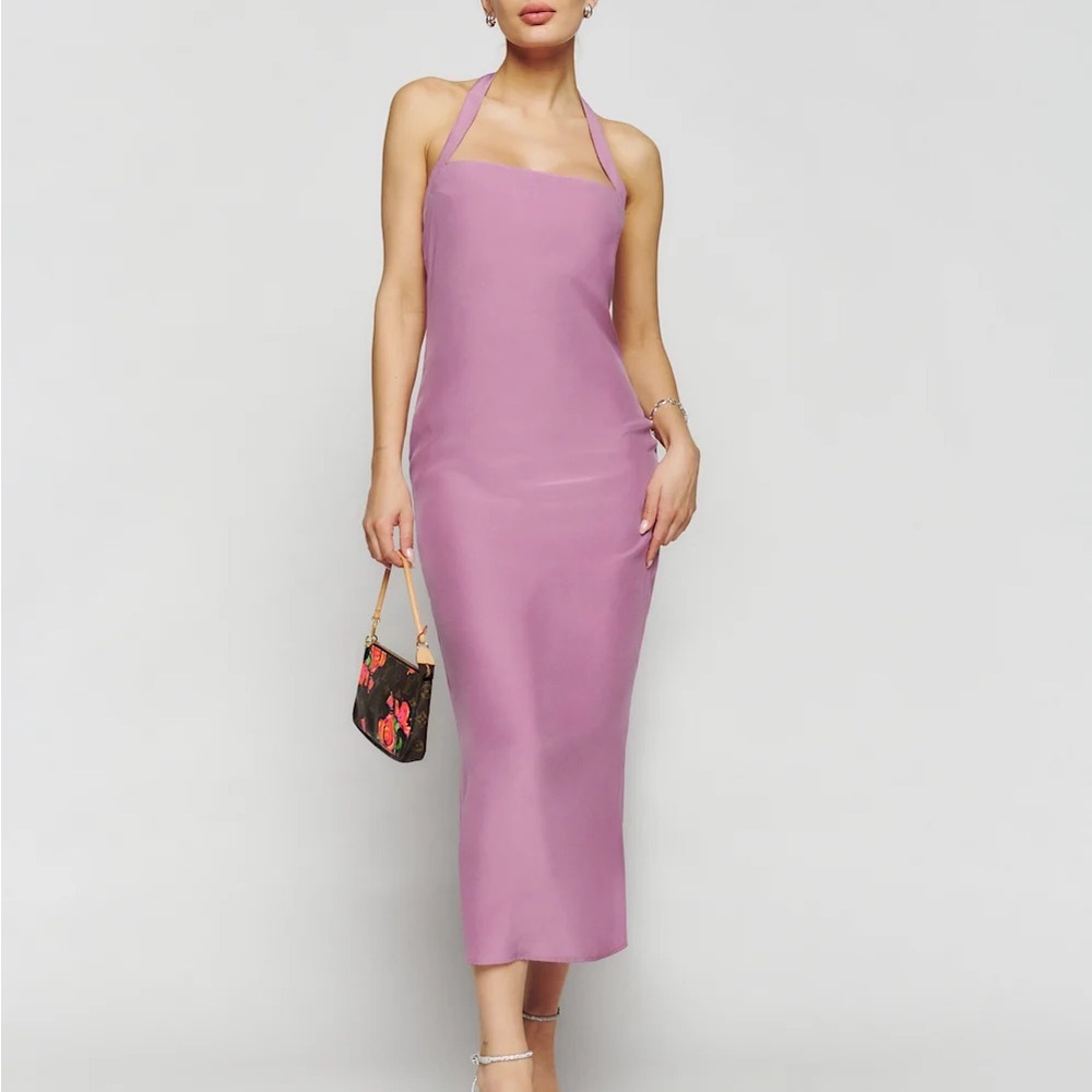 Reformation Alli Silk Halter Midi Dress in Sugar Plum
